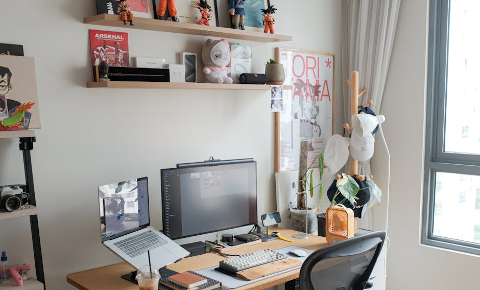 Contemporary home office setup with desk, computer, and creative shelves displaying figurines and art.